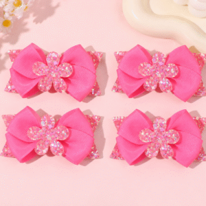 4 ชิ้น กิ๊บติดผมโบว์ริบบิ้น สีชมพู ประดับดอกไม้กลิตเตอร์ สำหรับเด็กผู้หญิง