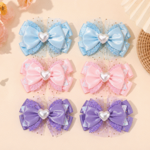 6 ชิ้น กิ๊บโบว์ริบบิ้น สีม่วง สีชมพู สีฟ้า ประดับหัวใจมุก สำหรับเด็กผู้หญิง