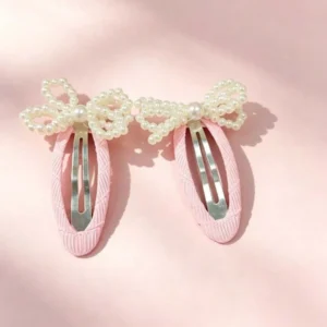 2 ชิ้น /เซต กิ๊บติดผมด้านข้างสำหรับเด็กผู้หญิง ประดับโบว์มุก สีชมพู