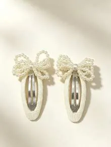 2 ชิ้น /เซต กิ๊บติดผมด้านข้างสำหรับเด็กผู้หญิง ประดับโบว์มุก สีครีม