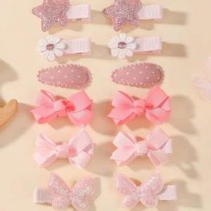 ขายยกโหล 12 เซต (144 ชิ้น) กิ๊บติดผมเด็ก สีชมพู คละลายดาว โบว์ ผีเสื้อ และดอกไม้