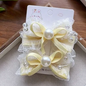 10 ชิ้น กิ๊บติดผมโบว์ลูกไม้ สีเหลืองพาสเทล ประดับมุก สำหรับเด็กผู้หญิง