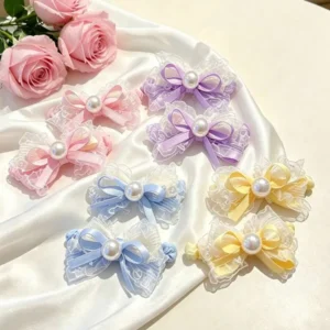 8 ชิ้น กิ๊บติดผมโบว์ลูกไม้ สีพาสเทล ประดับมุก สำหรับเด็กผู้หญิง